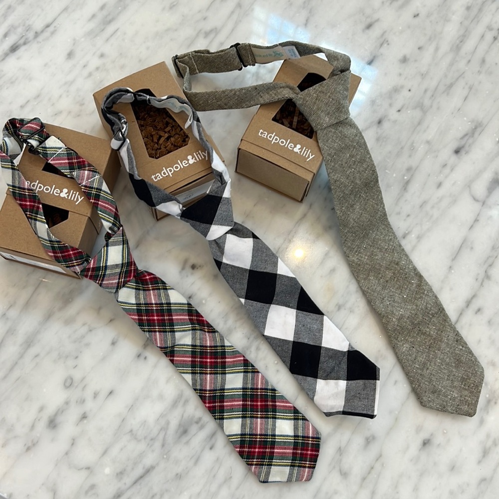 New Tadpole and Lily Boys Long Tie Buffalo Check, Beown Tweed, Christmas Plaid